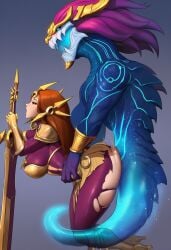 -_-abc 1boy 1girls ai_generated blue_body doggy_style dragon interspecies leaning leaning_on_object leaning_on_sword leona_(league_of_legends) orange_hair purple_hair ripped_clothing sex simple_background spirit sword vaginal_penetration