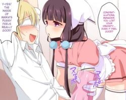 apron bangs blonde_hair blush eyebrows_visible_through_hair female gloves head_scarf long_hair open_mouth purple_eyes shaded_face shirt speech_bubble stile_uniform straight thighhighs waitress white_legwear