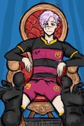 1boy blue_background blue_lock boner boner_in_pants boner_under_clothes bunny_iglesias clothed clothes colored feet feet_focus feet_up hard_cock hard_on hard_penis human lilac_hair looking_at_viewer male penis pink_hair questionable red_eyes relaxed relaxing scar scar_across_eye scar_on_face sitting sitting_down sitting_on_chair smile smile_at_viewer soccer_jersey soccer_player soccer_uniform socks solo solo_focus solo_male sports_uniform sportswear tagme throne