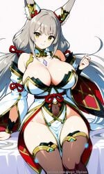 1girls absurdly_long_hair aegis_elysium ai_art ai_generated alternate_breast_size animal_ears bed blush blushing_at_viewer breasts cat_ears cleavage cleavage_cutout clothing_cutout earrings elbow_gloves female female_focus gem giant gloves grey_hair hair_ornament headpiece highres huge_breasts jewelry large_breasts long_hair long_sleeves looking_at_viewer navel nia nia_(blade)_(xenoblade) nia_(xenoblade) nintendo older older_female patreon patreon_username ribbon silver_hairband simple_background sitting skindentation smile solo solo_focus thick_breasts thick_thighs thighhighs thighs tiara very_long_hair water watermark white_background xenoblade_(series) xenoblade_chronicles_(series) xenoblade_chronicles_2 yellow_eyes