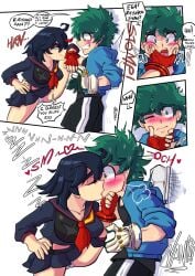 1boy 1girl assertive_female blue_hair blush blush_lines boku_no_hero_academia cheek_press comradejoe2319 couple crossover dark_blue_hair dekyuko feet_on_wall female fingerless_glove foot_on_wall gloves green_eyes green_hair hand_on_face hearts hearts_around_head hearts_around_text holding_face izuku_midoriya kabedon kill_la_kill kiss kissing light_skin male matoi_ryuuko my_hero_academia short_skirt skirt skirt_lift skirt_up studio_trigger tomboy touching_cheek touching_face tsundere