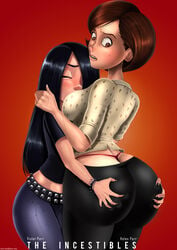 2girls age_difference ass ass_cleavage ass_grab ass_grab_from_front back_view belt black_hair black_nails bracelet breasts brown_eyes brown_hair bubble_butt butt_crack character_name closed_eyes clothed cover cowboy_shot dat_ass disney duo english_text female female_only freckles gradient_background groping hair_over_one_eye head_between_breasts helen_parr huge_ass human incest jeans large_breasts larger_female long_hair looking_back mother_and_daughter multiple_girls nail_polish older_female open_mouth pixar red_background shadman short_hair sideboob size_difference smaller_female smooth_skin t-shirt text the_incredibles thick_thighs thong url very_long_hair violet_parr watermark whale_tail wide_hips younger_female yuri