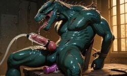 1boy ai_generated anthro anthro_only anthro_penetrated cum dildo dildo_in_ass dildo_insertion dildo_penetration dildo_sitting gay gay_anal gay_male green_scales knotted_penis male male_only male_penetrated milking milking_cum milking_machine milking_penis monster monster_boy monster_cock muscular muscular_anthro muscular_male reptile reptile_humanoid scalie scalie_humanoid scalie_male scalie_only sitting solo solo_anthro solo_focus solo_male teeth teeth_showing testicles tied_up tongue tongue_out wounds yaoi