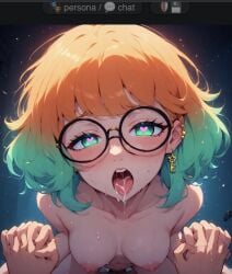 ai_generated cowgirl_position green_hair holding_hands interlocked_fingers medium_breasts oc oc_(amelia) orange_hair