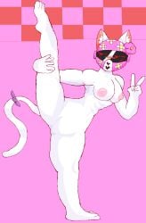 abs anthro areola armor barefoot breasts cool_cola domestic_cat eve(cool_cola) feet felid feline felis female flower fur genitals gesture hand_gesture headgear helmet hi_res mammal nude pink_areola plant raised_leg shy solo spread_legs spreading v_sign vulva white_body white_fur