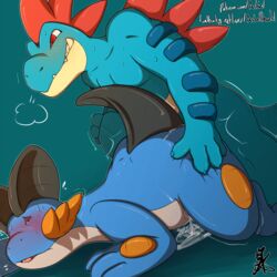 1:1 2019 3_toes all_fours anal anthro asbel_lhant_(artist) blush bodily_fluids claws closed_eyes cum cum_in_ass cum_inside doggy_style feraligatr fin foot_on_butt from_behind genital_fluids grin heavy_breathing highres leaking male nintendo original_character pokemon pokemon_gsc pokemon_rse red_eyes scale sex simple_background smile swampert teeth toes yaoi