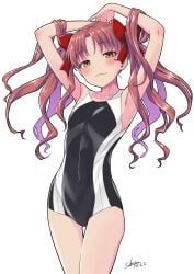1girls 2020s 2025 absurd_res armpits arms_up bare_shoulders bare_thighs black_one-piece_swimsuit bow breasts brown_eyes brown_hair collarbone competition_school_swimsuit dated female hair_lift hairbow hi_res light-skinned_female light_skin long_hair looking_at_viewer matching_hair/eyes multicolored_swimsuit okara one-piece_swimsuit red_bow school_swimsuit shirai_kuroko signature small_breasts smile solo standing swimsuit teenage_girl teenager thigh_gap thighs to_aru_kagaku_no_railgun to_aru_majutsu_no_index tokiwadai_school_swimsuit twintails two-tone_one-piece_swimsuit two-tone_swimsuit white_background white_one-piece_swimsuit young young_female