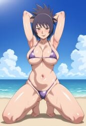1girls ai_generated arms_behind_head arms_up barefoot beach big_breasts bikini bikini_bottom bikini_top blush breasts brown_eyes cleavage facing_viewer feet female female_focus folded_ponytail front_view full_body light-skinned_female light_skin long_hair mature mature_female midriff milf mitarashi_anko naruto naruto_(series) naruto_shippuden outdoors ponytail purple_hair revealing_swimsuit ribe-san seaside shiny shiny_hair shiny_skin shoulder_length_hair skimpy skimpy_bikini swimsuit tiptoes voluptuous