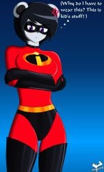 anthro big_breasts elastigirl_(cosplay) english_text female female_protagonist fred715 freedom_planet freedom_planet_2 neera_li panda the_incredibles thick_thighs thought_bubble video_games
