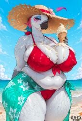 1girls ai_generated anthro avian beach beak bikini blue_eyeshadow cameltoe chubby chubby_female covered_nipples eyeshadow feathers furry ice_cream large_breasts melting_ice_cream navel onyx_tyru pink_eyes plump red_bikini solo sunhat thick_thighs voluptuous white_feathers wide_hips