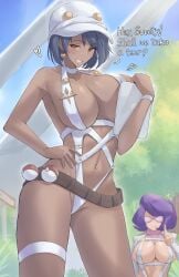 2girls absurdres aether_foundation_employee bare_shoulders belt big_hair black_hair blush breasts calmgreentori cleavage clipboard closed_mouth coat dark-skinned_female dark_skin female glasses hat highres holding holding_clipboard large_breasts looking_at_viewer mature_female multiple_girls navel newsboy_cap nintendo one-piece_swimsuit open_clothes open_coat open_mouth pink-framed_eyewear pokemon pokemon_sm purple_hair short_hair slingshot_swimsuit smile stomach swimsuit white_hat white_one-piece_swimsuit white_slingshot_swimsuit wicke_(pokemon)