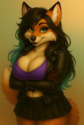 1girls ai_generated anthro arms_crossed big_breasts black_hair black_nose black_shirt black_tipped_ears blouse breasts chatgpt confident confident_pose deviantart dipstick_tail dyed_hair ears eyelashes female fox fox_girl furry genderswap genderswap_(mtf) green_eyes green_hair leather_jacket long_hair looking_at_viewer orange_body orange_fur pose purple_topwear rule_63 sekaithefox skirt tail tan_fur thick_thighs two_tone_body two_tone_fur vixen wide_hips worldfan2020