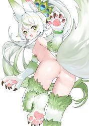 absurdres animal_ear_fluff animal_ears animal_feet animal_hands anus arm_up bar_censor blush breasts censored chinese_commentary claws cleft_of_venus commentary_request completely_nude feather_hair_ornament feathers feet female fluffy_tail foot_out_of_frame foot_up from_behind from_below from_side gradient_hair green_eyes green_hair hair_ornament highres long_hair looking_at_viewer looking_back monster_girl multicolored_hair negiwolf nipples nude open_mouth original panties pawpads peacock_feathers pussy simple_background small_breasts solo tail underwear very_long_hair white_background wolf_girl xiang_bo_bo