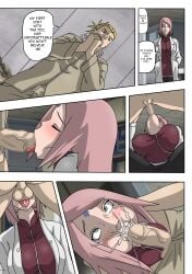 1boy 1girls alternate_hairstyle blinking blowjob blush boruto:_naruto_next_generations breasts cheating cheating_wife climax coat comic cuckold cum cum_in_mouth cum_inside cumdrip cumming cumming_in_mouth dialogue dress dripping dripping_cum english_text eyes_rolling_back faceless_male female female_focus golden_ouken green_eyes highres jiji_(boruto) jumpsuit labcoat loop male mature mature_female milf naruto naruto_(series) netorare nipples ntr penis penis_in_mouth pink_hair ponytail prison prison_uniform prisoner sakura_haruno sex sidecut speech_bubble squatting standing story straight sucking sucking_penis text uncensored