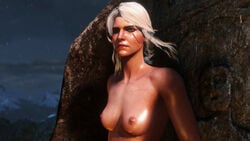 3d areolae breasts cd_projekt_red ciri female female_only green_eyes leaning nipples outside scar snow solo the_witcher_(series) the_witcher_3:_wild_hunt white_hair xpsfm