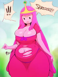 1girls adventure_time big_belly big_breasts cartoon_network chubby clothing crown fat female female_only huge_breasts overweight pink_hair pink_skin princess_bubblegum ripped_clothing slightly_chubby solo sunibee thick_thighs wardrobe_malfunction wide_hips