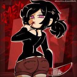 ashley_graves black_hair black_topwear bloody_hands bloody_knife bloody_mouth knife liamvickers_98 ponytail purple_eyes red_shorts smiling smiling_at_viewer tagme the_coffin_of_andy_and_leyley white_body white_skin