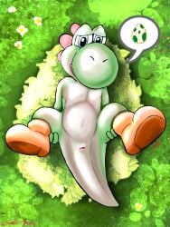 3:4 absurd_res animal_genitalia belly blue_eyes cloaca clothing dinosaur egg feral flower footwear footwear_only genitals green_body green_yoshi hi_res humanoid looking_at_viewer lying male mario_bros mostly_nude nature nature_background nintendo on_back plant prehistoric_species reptile scalie shaded shoes shoes_only solo speech_bubble squeakerbunny white_belly yoshi yoshi_(character)