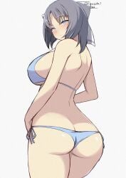 1girl absurdres ass back bikini blue_bikini blue_eyes blush breasts chimunge female grey_hair hair_ribbon highres large_breasts looking_back ribbon senran_kagura senran_kagura_burst senran_kagura_burst_re:newal senran_kagura_estival_versus senran_kagura_shinovi_versus signature solo swimsuit white_background yumi_(senran_kagura)