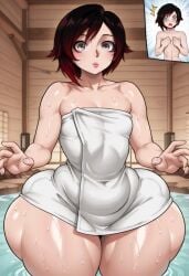 ai_generated ass black_hair bubble_ass bubble_butt hot_spring hyper hyper_ass hyper_thighs ruby_rose rwby small_breasts standing thick_thighs toned towel wet