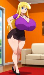 ai_generated big_breasts black_skirt blonde_hair breasts female original_character purple_shirt sister thick_thighs