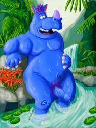 3:4 absurd_res anthro balls belly blue_body bodily_fluids creek detailed_background eyebrows flower forest furry furry_only genitals hair hand_on_belly head_tuft hi_res hooves horn jungle leaning leaning_backward lily_pad looking_at_viewer male mammal moobs navel nickelodeon nickelodeon_movies_rhino overweight overweight_anthro overweight_male penis plant pubes purple_eyes purple_hair resting rhinoceros shaded_background smug_grin solo sweat teeth tree tuft waterfall wontonrhino