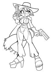 2025 big_breasts bikini bikini_bottom bikini_top breasts chaps clothing cowboy_hat cowboy_outfit digital_drawing_(artwork) digital_media_(artwork) female footwear fours_(artist) fourssss hat headgear headwear hi_res high_heels mihoyo poncho pulchra_fellini shoes solo swimwear two-piece_swimsuit weapon zenless_zone_zero