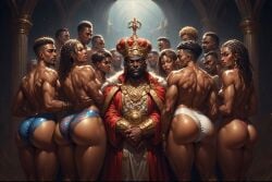ai_generated bisexual_male clothing crown dark-skinned_female dark-skinned_male dark-skinnedsub female harem king male male/female palace skimpy thong throne_room underwear