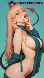1girls 2025 ai_generated aqua_background artist_name blonde_hair breasts bust chainsaw_man chest cunnilingus_gesture demon_girl demon_horns demon_tail electroworld female green_background hair_between_eyes hi_res high_quality high_resolution highres horns long_hair meme_attire patreon patreon_username power_(chainsaw_man) red_horns solo stable_diffusion sweater tail tongue tongue_out watermark