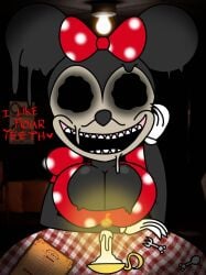 1girls anthro big_breasts breasts candle cleavage clothed clothed_female clothing creepy_smile date dialogue dinner disney dress empty_eyes female female_anthro female_focus first_person_view five_nights_at_treasure_island fnati impurity_(fnati) indoors looking_at_viewer male_pov minnie_mouse mouse nightmare_waifu no_eyes pov rodent skeletonhearts smile smiling smiling_at_viewer table talking_to_viewer text viewer_pov