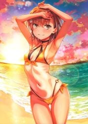 1girls 2020s 2023 absurd_res armpits arms_up ass_visible_through_thighs bare_shoulders beach bikini black_choker breasts brown_eyes brown_hair choker cloud collarbone cover female front-tie_bikini_top front-tie_top gluteal_fold gradient_sky hands_on_own_head hi_res isshi_pyuma layered_bikini lens_flare matching_hair/eyes medium_hair misaka_mikoto navel ocean one-piece_tan orange_bikini outdoors parted_lips ribs scan side-tie_bikini_bottom sky small_breasts solo standing stomach sunrise swimsuit tan tanline teenage_girl teenage_tits teenager thigh_gap thighs to_aru_kagaku_no_railgun to_aru_majutsu_no_index young young_female