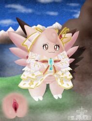 anthro brown_eyes clefable clitoris clothed clothing clothing_lift dress dress_lift elegant_style_clefable female generation_1_pokemon genitals grass hi_res holowear_(pokemon) imminent_sex looking_at_viewer mountain navel night nintendo pink_body plant pokemon pokemon_(species) pokemon_unite sea silavos smile smiling_at_viewer solo standing tail vulva water watermark wings