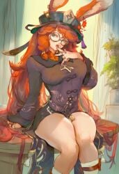 -_-abc 1girls ai_generated aurora_(league_of_legends) breasts bunny_ears bunny_girl bunny_tail camera cameras female finger_to_mouth finger_to_tongue genshin_impact glasses hat hu_tao_(genshin_impact) hu_tao_(genshin_impact)_(cosplay) league_of_legends looking_at_viewer orange_hair photo_shoot seductive seductive_look sitting solo solo_female solo_focus tail thick_thighs thighs tongue tongue_out