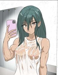 alex_(lummypix) green_hair muscular_female selfie wet_shirt