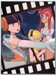 3girls arm_up arms bangs beach black_hair black_hair_female block blonde_female blonde_hair blonde_hair_female blue_eyes bottomless bottomless_female bubble clothed clothed_sex clothing collar dual_persona elesa_(pokemon) elesa_(pokemon_bw) ex_style_(pokemon_masters) ex_sygna_suit_elesa female female_only fingering fingers funny game_freak gloves hair hair_ornament hand_on_head happy headgear headphones headwear hidden human implied_sex lesbian_couple lesbian_sex light-skinned_female light_skin night nintendo open_mouth outdoor_sex outdoors outside pale-skinned_female pale_skin photo picture picture_frame pokemon pokemon_bw pokemon_masters pokemon_masters_ex red_hair red_hair_female sea seaside shirt shock shocked shocked_expression short_hair short_hair_female short_hair_with_long_locks skyla_(pokemon) smile standing standing_sex stars straps sygna_suit_elesa tan_body tan_skin tan_skinned_female teeth teeth_showing waving yuri