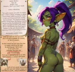 ai_generated anime bondage bounty_hunters breasts cute edited fantasy female fictional goblin green_skin market naked nude petite photoshop purple_hair roleplay ropes slave slavegirl slavery small_ass small_boobs small_booty small_breasts small_butt small_tits tattoos waifu yellow_eyes