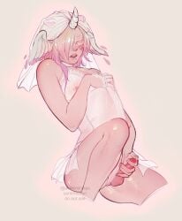1boy absurdres babydoll blush chisps colored_eyelashes commentary crossdressing crossdressing_(mtf) cum erection eyelashes hair_over_one_eye head_wings highres horns knee_up lingerie male_focus male_masturbation masturbation medium_hair nipple_stimulation nipple_tweak nipples original penis pink_hair see-through_babydoll see-through_clothes shiny_skin single_horn solo thighs trap tweaking_own_nipple twitter_username underwear watermark wings