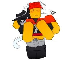 2boys ahahshshhdu anal anal_sex blush cat_ears cat_tail catboy chance_(forsaken) closed_eyes duo elliot_(forsaken) elliot_(work_at_a_pizza_place) facewear fedora forsaken_(roblox) gay glasses gray_body grey_skin hat headwear holding_up neko riding riding_penis roblox text white_skin yellow_body yellow_skin