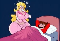 ai_generated ass big_ass blonde_hair breasts bulge erection gigantic_ass gigantic_breasts hips huge_ass huge_breasts lubbasdump mario morning pajamas princess_peach sleeping super_mario_bros. wide_hips
