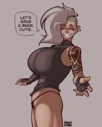 1girls 2d 2d_(artwork) arched_back ass big_breasts breasts breasts_bigger_than_head closed_eyes clothed eyebrow_slits female female_only fingerless_gloves fit fit_female frustzone gloves grin huge_breasts inviting large_breasts light-skinned_female light_skin oc original_character panties partially_clothed piercing pinup pov rachel_(frustzone) reaching_out reaching_towards_viewer shoulder_tattoo side_shave sideboob sidecut sleeveless_shirt smile smiling smiling_at_viewer solo solo_female solo_focus speech_bubble talking_to_viewer tattoo text text_bubble thighs tight_clothing toned toned_female undercut white_hair
