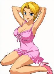 1girls ai_generated blonde_hair blue_eyes breasts genderswap_(mtf) high_heels large_breasts link nightgown nintendo pink_shoes rule_63 short_hair smile the_legend_of_zelda the_legend_of_zelda:_ocarina_of_time