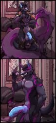 absurd_res animal_genitalia anthro black_border border bulge clothing corruption erection genitals grin grove_(game) hi_res implied_possession jackal_wolf leaking_slime male penis runic_(character) runic_corrupted_(character) slime smile solo torn_clothing transformation zokufox