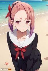1girls ai_generated artist_name beach black_dress blush bow breasts closed_mouth collarbone day dress hair_bun hair_ribbon hairband hi_res kaguya-sama_wa_kokurasetai_~tensai-tachi_no_renai_zunousen~ koyasu_tsubame leaning_forward long_sleeves looking_at_viewer multicolored_hair ocean outdoors pink_eyes pink_hair red_bow red_eyes red_ribbon ribbon rule34lab sailor_collar school_uniform short_hair smile solo starfish water white_sailor_collar