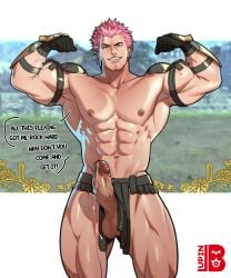 1boy abs bara biceps erect_penis fire fire_emblem fire_emblem:_three_houses fire_emblem_warriors:_three_hopes flexing flexing_arms flexing_bicep holst_sigiswald_goneril lupin_barnabi male_only muscular_male pink_hair precum smile solo_focus solo_male
