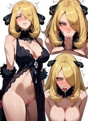 after_fellatio after_oral ai_generated blonde_hair blowjob character_sheet cum_drip cum_in_mouth cum_on_face cynthia_(pokemon) fellatio lingerie long_hair oral oral_penetration oral_sex tagme tongue_out