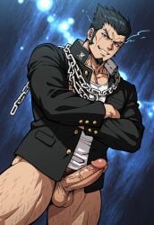1boy 2d ai_generated bara bare_legs big_cock big_penis black_hair bottomless brown_eyes chains civitai danganronpa danganronpa_2:_goodbye_despair dutch_angle gay goatee hairy hairy_legs hairy_male jacket jacket_open juicy_bara light_skin lotion lotion_bottle male male_only manly muscular muscular_arms muscular_male muscular_thighs naked nekomaru_nidai nidai_nekomaru penis seductive showing_off showing_penis smile smiling smirk vein veiny_penis watermark white_shirt yaoi