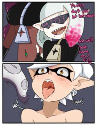 2019 absurd_res animal_humanoid beauty_mark black_hair breasts cephalopod cephalopod_humanoid comic dark_skin dialogue drooling duo english_text eyewear female hair heart hi_res humanoid hypno_shades_(splatoon) hypnosis inkling inkling_girl inuyuru light_skin long_hair marie_(splatoon) marina_(splatoon) marine marine_humanoid midriff mind_control mollusk mollusk_humanoid navel nintendo octoling off_the_hook_(splatoon) open_mouth pearl_(splatoon) pink-tinted_eyewear pink_hair saliva sex short_hair splatoon splatoon_2 splatoon_2:_octo_canyon squid_sisters sunglasses tech_control tentacle tentacle_hair tentacle_sex text tinted_eyewear video_games white_hair wide_eyed yellow_eyes