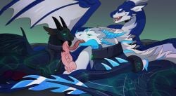 absurd_res ambiguous_gender azmerond blizzard_(azmerond) blue_body clothing collar deviant_(theratofthebath) dominant dominant_male dragon erection european_mythology feral genitals group hair hi_res horn hypnosis knot licking male male/male membrane_(anatomy) membranous_wings mind_control mythological_creature mythological_scalie mythology open_mouth oral penile penis penis_lick prowler_(game) scalie sex submissive submissive_male suit tail titansong tongue trio western_dragon wings wyvern