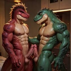 abs ai_generated animated anthro brown_hair claws comfyui from_side frottage furry gay indoors looking_at_another male male/male male_only muscular navel nipples red_body sharp_teeth standing tagme tail tyrannosaurus_rex video yaoi