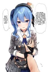 1girls 2020s 2021 ascot black_gloves blue_ascot blue_choker blue_eyes blue_hair blue_nails blue_ribbon blush choker dress english_text ex_idol female flat_chest flying_sweatdrops gloves grabbing_another's_breast grey_dress grey_headwear groping guided_breast_grab guiding_hand hair_between_eyes hair_ribbon hat hololive hoshimachi_suisei hoshimachi_suisei_(1st_costume) light-skinned_female light_skin long_hair long_sleeves looking_at_viewer nail_polish parted_lips partially_fingerless_gloves plaid_clothes plaid_dress plaid_hat pov pov_hands ribbon side_ponytail simple_background smile smiling_at_viewer speech_bubble standing star_(symbol) star_in_eye symbol_in_eye teenage_girl teenager translated virtual_youtuber white_background young young_female